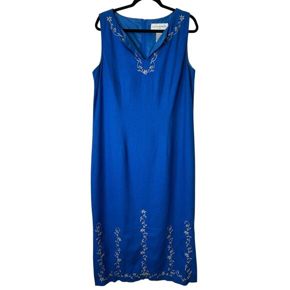 Sag Harbor Dress Womens 16 Blue Linen Blend Maxi Embroidered Slit Office Casual - Picture 1 of 11